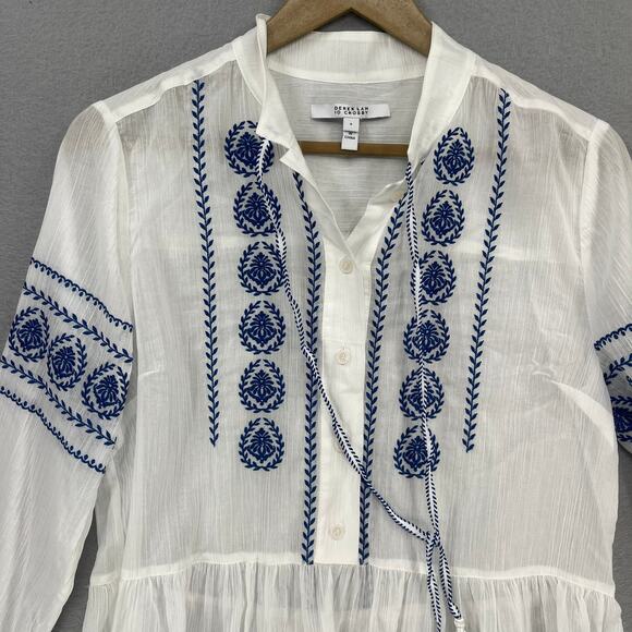 Derek Lam 10 Crosby Blouse Sz 4 White Blue Ailani Embroidered Sheer Coastal Chic - Picture 3 of 9